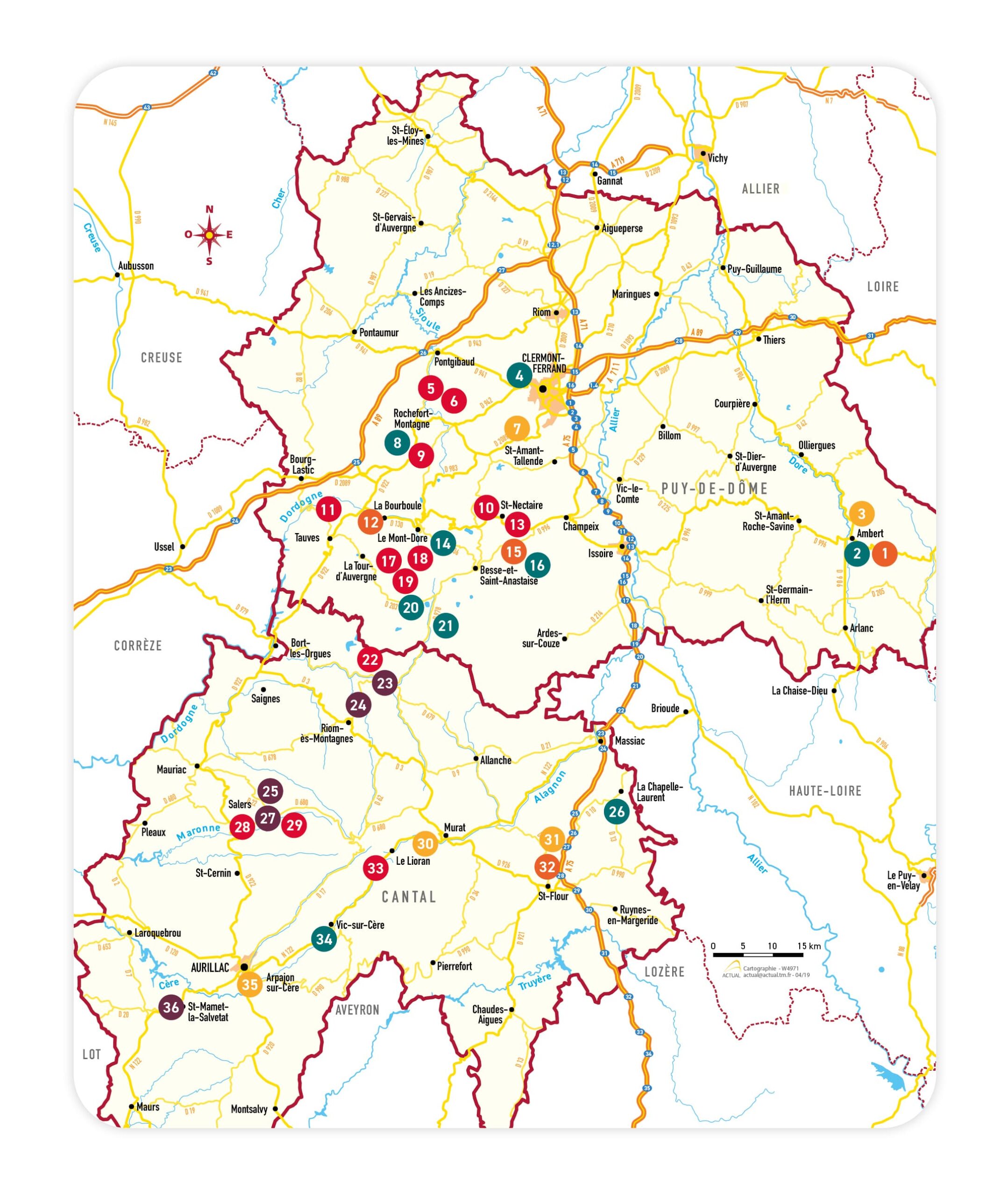 Carte de la Route des fromages AOP d'Auvergne